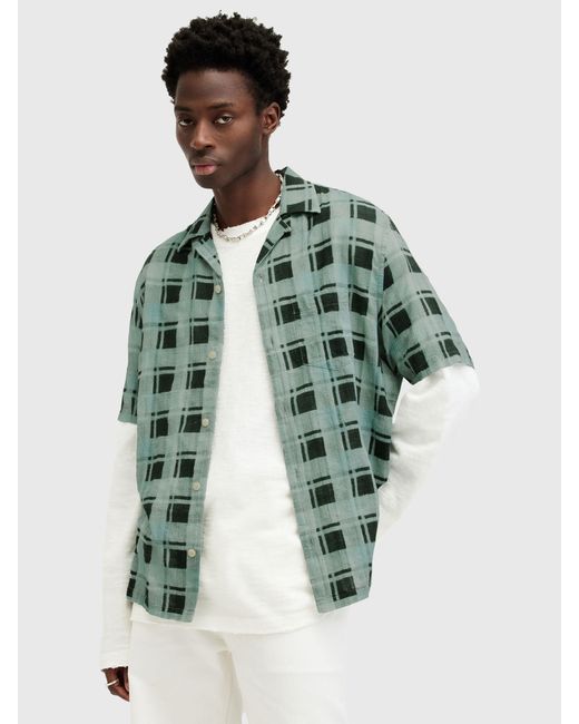 AllSaints Green Big Sur Organic Cotton Blend Check Short Sleeve Shirt for men