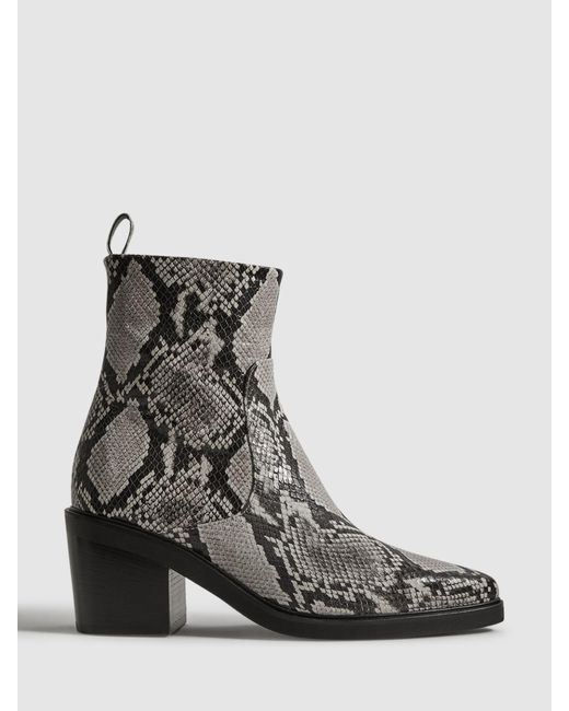 Reiss Black Sienna Snake Print Leather Ankle Boots