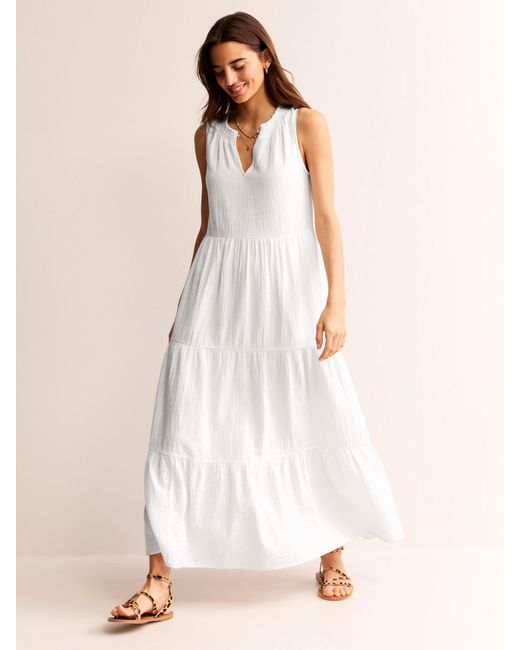 Boden White Double Cloth Tiered Maxi Dress