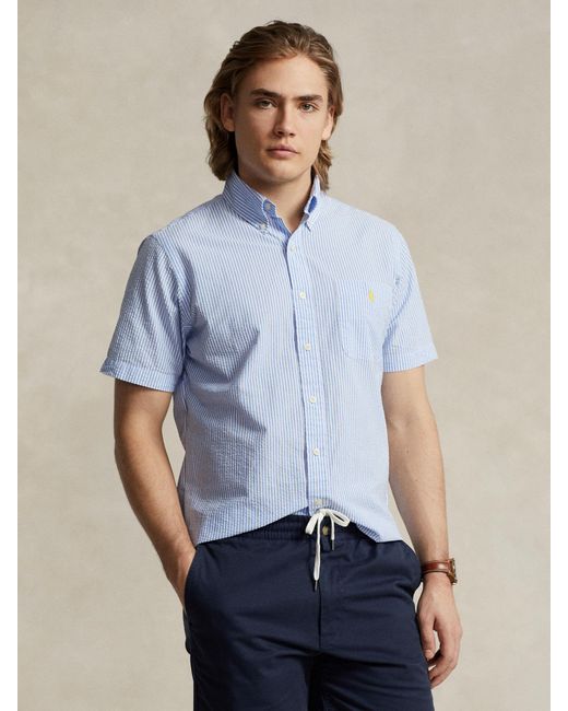 Ralph Lauren Blue Custom Fit Striped Seersucker Shirt for men