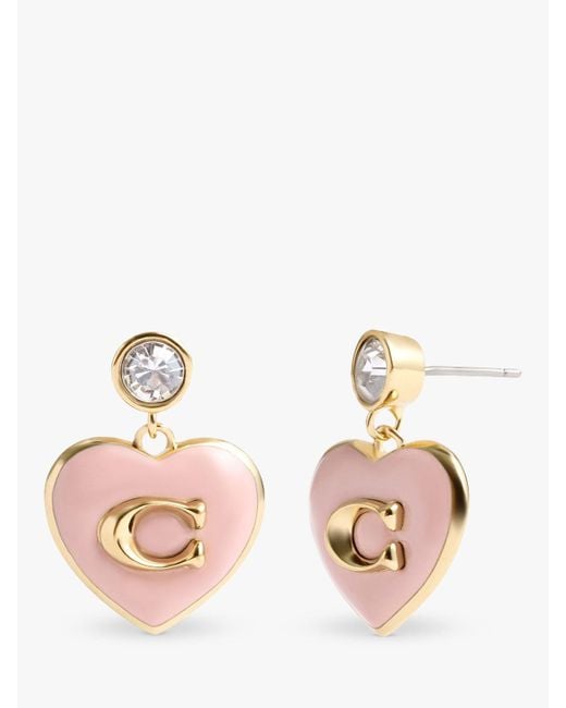 COACH Pink Enamel And Crystal Heart Drop Earrings