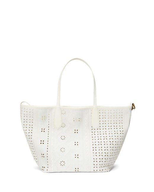 Ralph Lauren White Polo Bellport Embroidered Eyelet Tote Bag