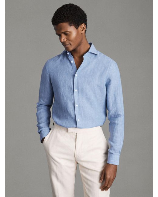 Reiss Ruban - Sky Blue Linen Button-through Shirt for men