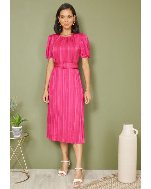 Yumi' Pink Satin Pleated Midi Dress