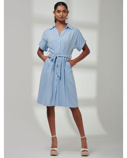 Jolie Moi Blue Olivea Linen Blend Shirt Dress