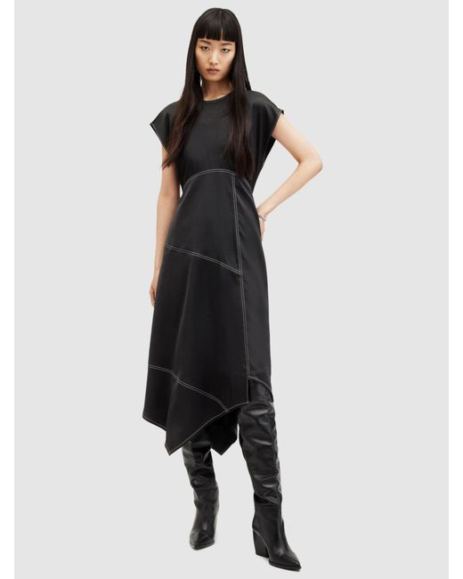 AllSaints Black Agnes Panelled Asymmetric Midi Dress