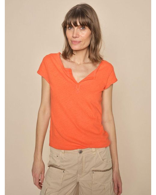 Mos Mosh Orange Troy Cotton And Linen V Neck T-shirt