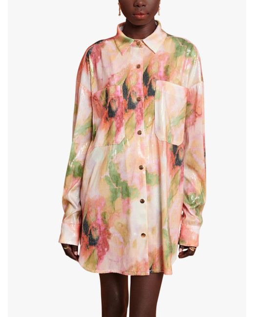 Ghospell Pink Salma Abstract Print Sequin Oversized Shirt