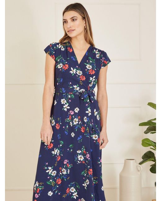 Yumi' Blue Mela London Floral Print Dip Hem Midi Dress