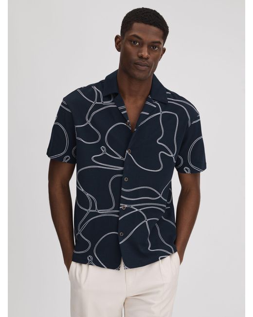 Reiss Blue Menton Short Sleeve Swirl Embroidered Shirt for men