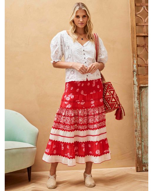 Brora Red Cotton Silk Blend Ric Rac Patchwork Midi Skirt