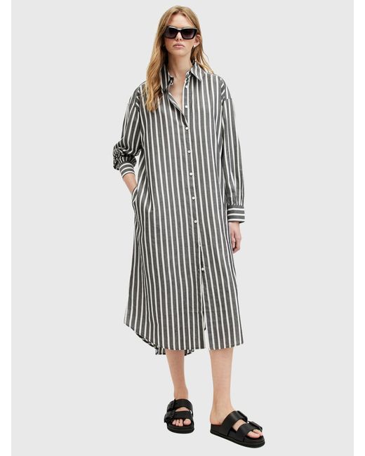 AllSaints Gray Ani Striped Midi Shirt Dress