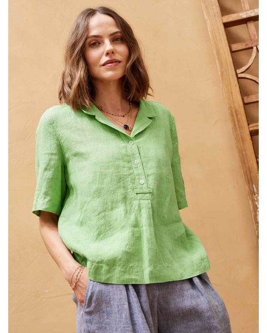 Brora Green Textured Stripe Linen Shirt