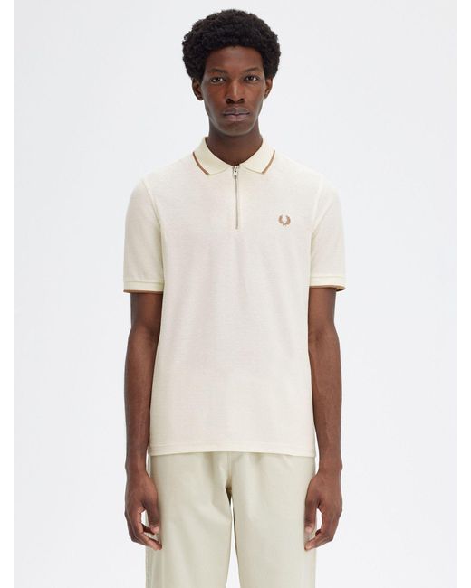 Fred Perry White Pique Zip Polo Shirt for men