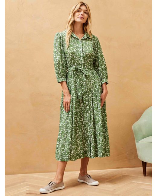 Brora Green Organic Cotton Voile Botanic Midi Shirt Dress