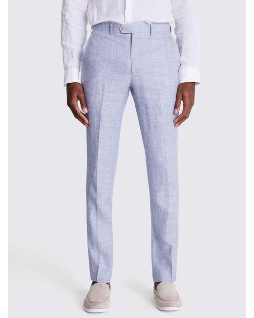 Moss Bros Blue Tailored Linen Trousers for men