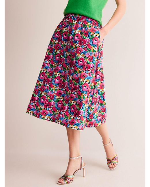 Boden Pink Hattie Floral Print Cotton Poplin Midi Skirt