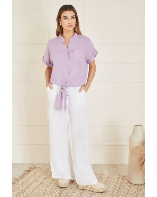 Yumi' Purple Italian Linen Front Tie Shirt