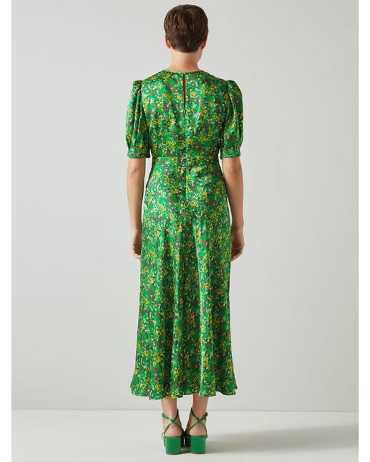 L.K.Bennett Green Luna Floral Print Satin Midi Dress