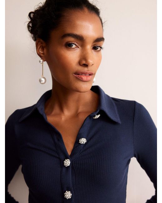 Boden Blue Ribbed Jewelled Button Top