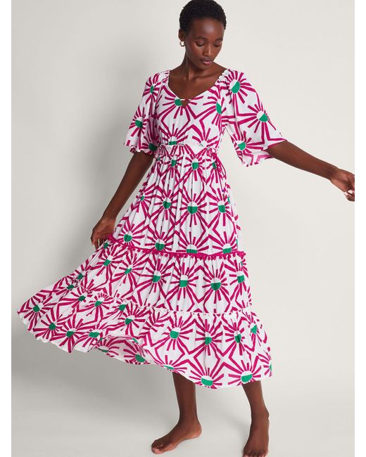 Monsoon Pink Zamora Geometric Sun Print Tiered Midi Dress