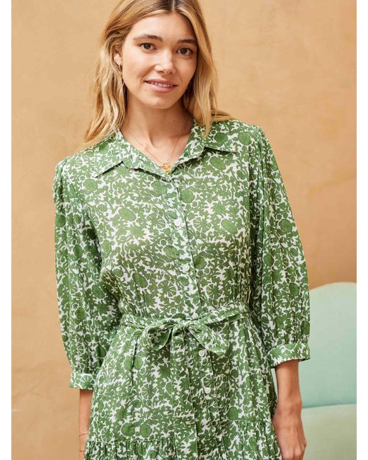 Brora Green Organic Cotton Voile Botanic Midi Shirt Dress