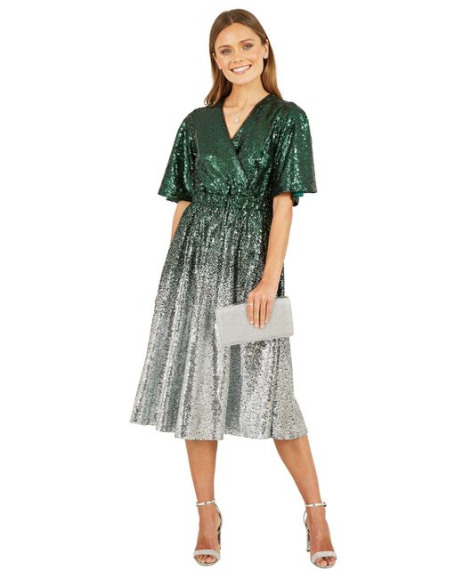 Yumi' Green Ombre Sequin Midi Wrap Dress