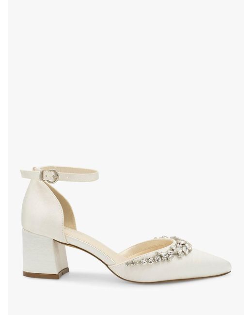 Paradox London White Cinta Dyeable Embellished Satin Mid Block Heel Court Shoes