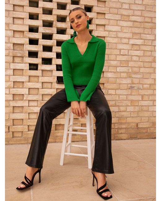 Chi Chi London Green Faux Leather Flared Trousers