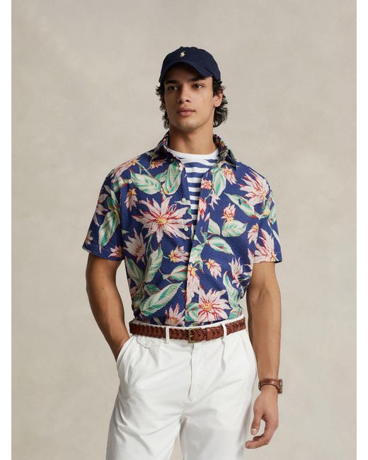 Ralph Lauren Blue Classic Fit Floral Seersucker Shirt for men