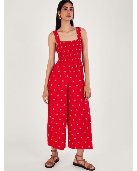 Monsoon Red Geometric Print Cut-out Back Jumpsuit