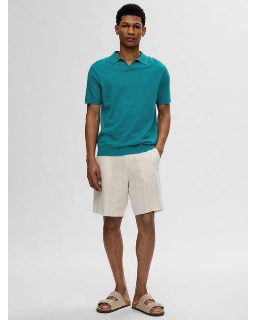 SELECTED Blue Short Sleeve Linen Polo Shirt for men
