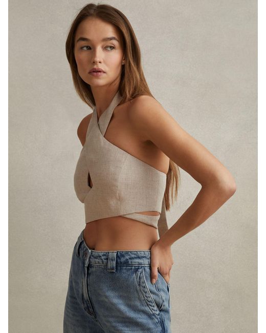 Reiss Natural Abigail Linen Halterneck Crossover Cropped Top
