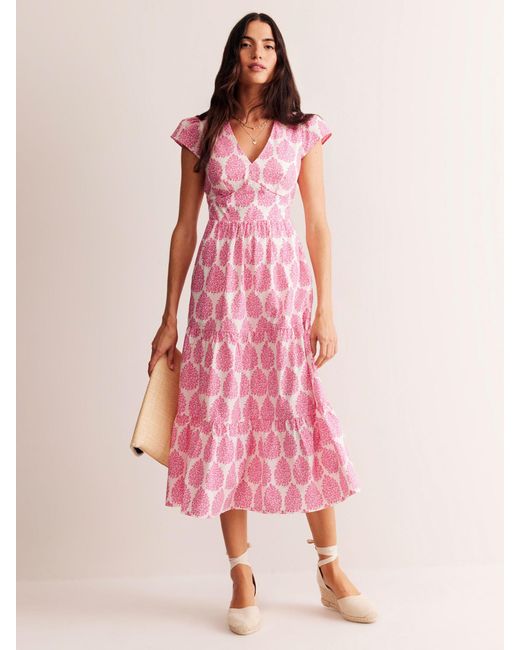Boden Pink May Floret Print Tiered Midi Dress