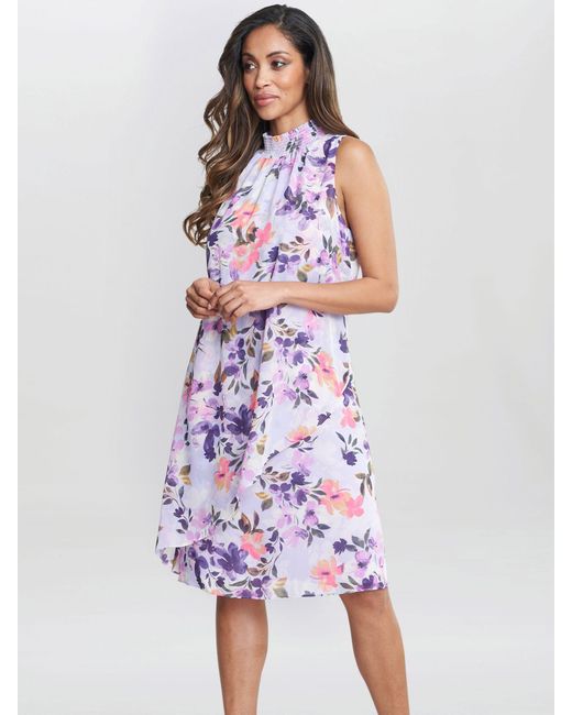 Gina Bacconi White Ginnie Floral Print High Neck Double Layer Dress