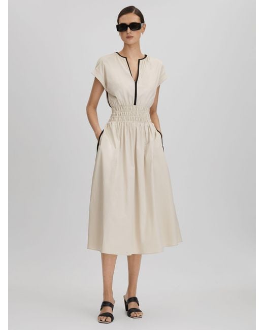 Reiss Natural Lena Ruched Waist Contrast Trim Cotton Midi Dress