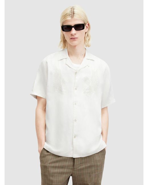 AllSaints White Aquila Eagle Embroidered Relaxed Fit Satin Shirt for men