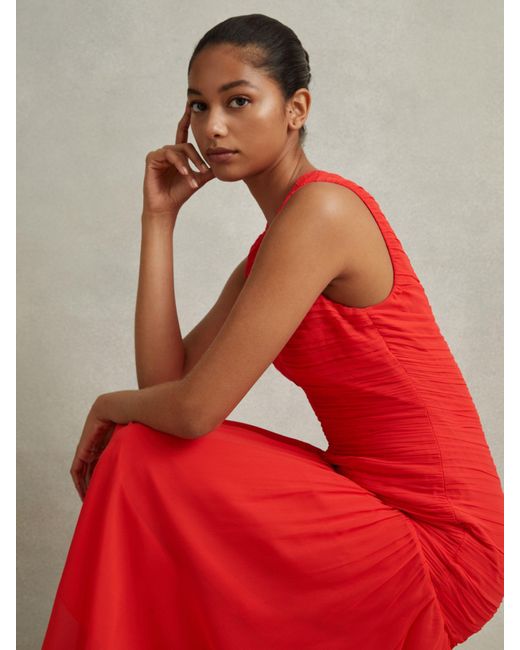 Reiss Red Saffy Ruched Midi Dress