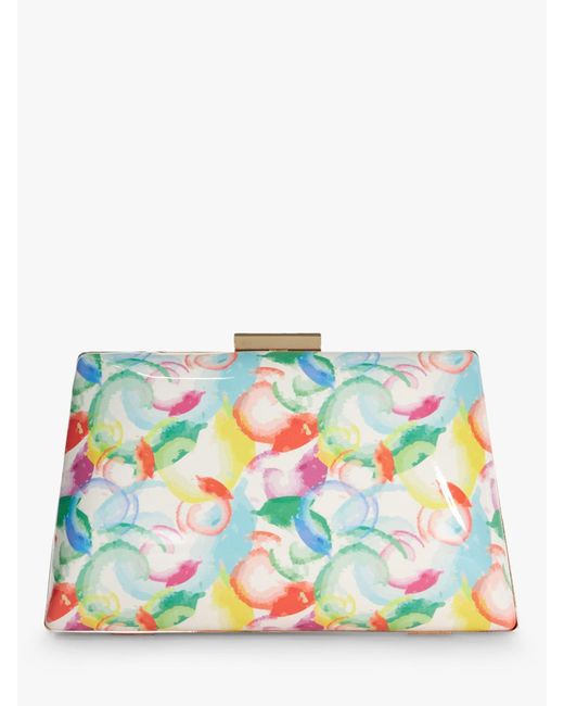 Dune White Bellaria Abstract Print Patent Angled Frame Box Clutch Bag