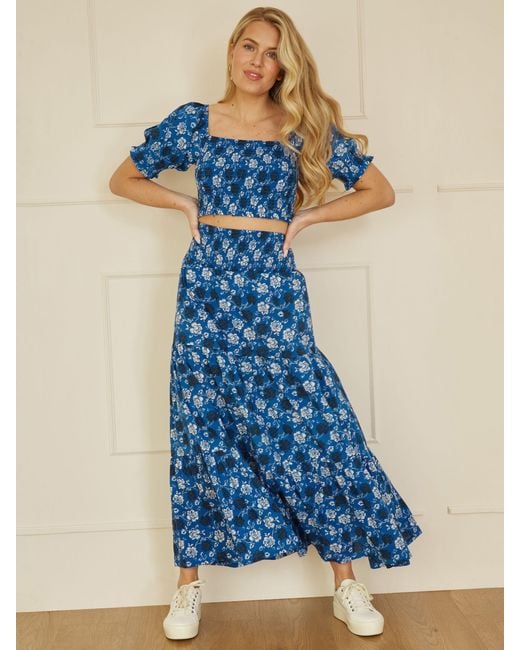 Yumi' Blue Cotton Floral Ruched Waist Maxi Skirt