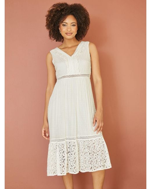 Yumi' White Lace Cotton Midi Dress