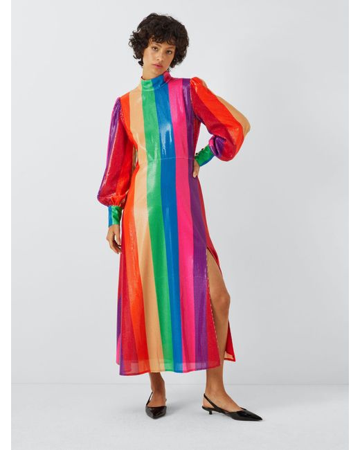 Olivia Rubin Red Maddie Rainbow Stripe Sequin Midi Dress