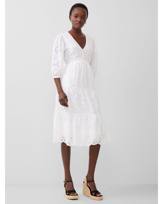 French Connection White Broderie Anglaise Midi Dress