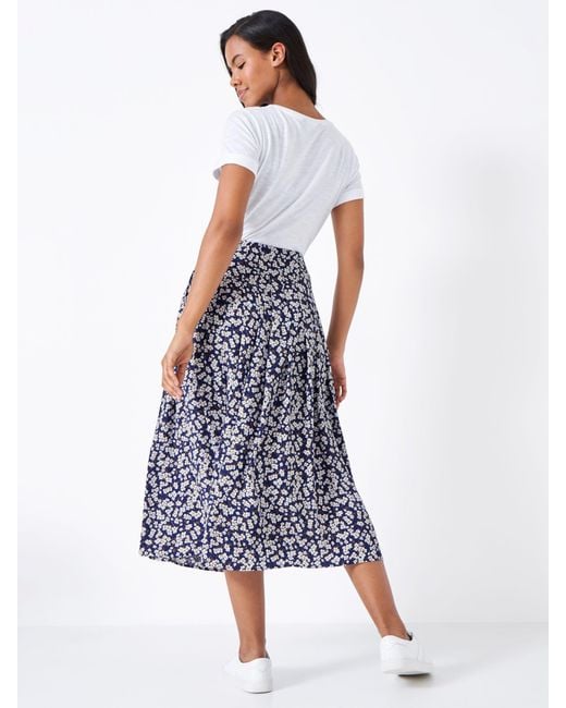 Crew Blue Floral Printed Tiered Midi Skirt