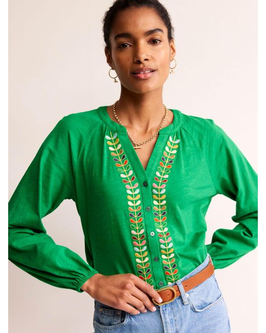 Boden Green Embroidered Detail Top
