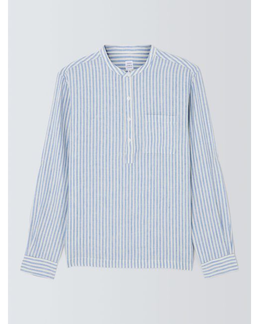 John Lewis Blue Linen Striped Grandad Collar Beach Shirt for men