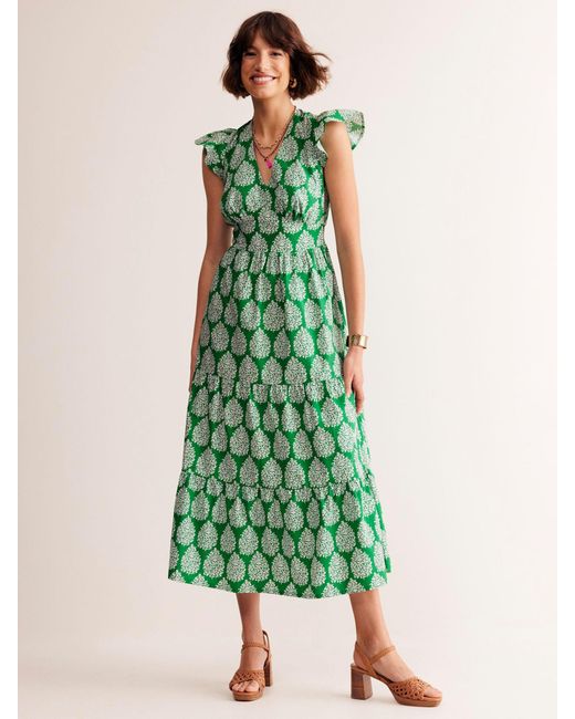 Boden Green May Floret Print Tiered Cotton Midi Dress
