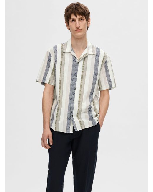 SELECTED White Stripe Linen Cotton Blend Shirt for men