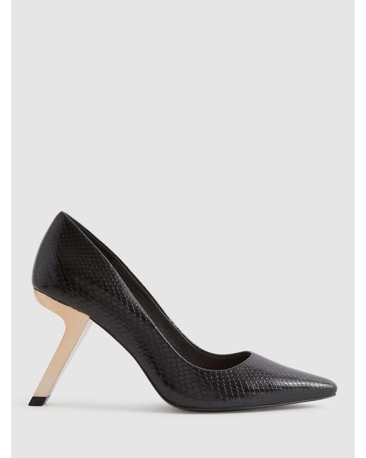 Reiss Black Monroe Leather Angled Heel Court Shoes