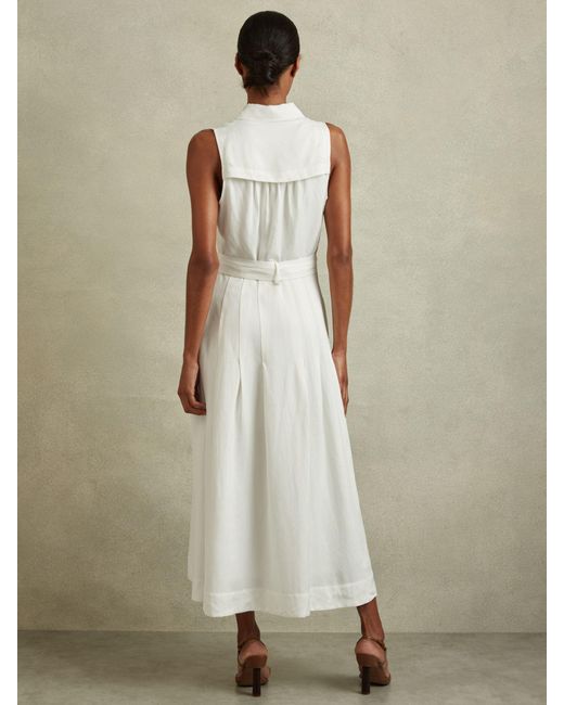 Reiss Natural Heidi - White Viscose Linen Belted Midi Dress, Us 2